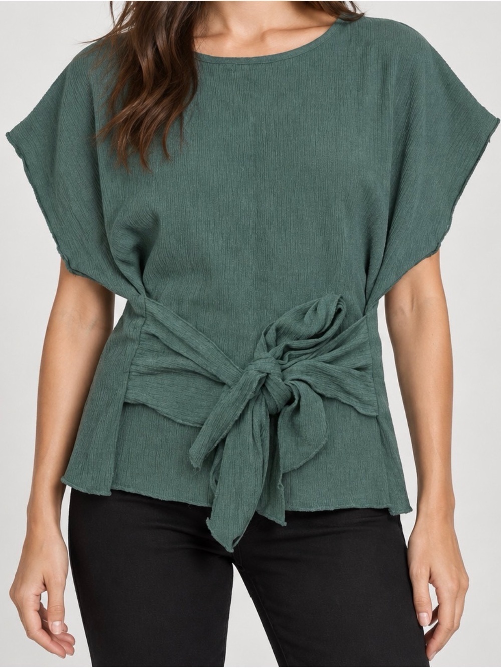 ZARA Sage Green Textured Tie Front Dolman Sleeve Top Size M
